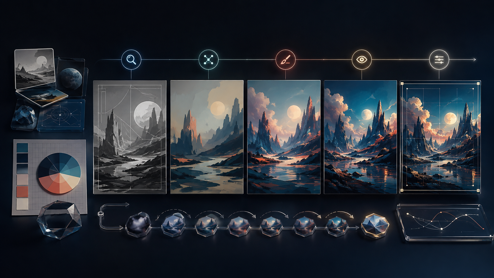 Abstract visual workflow showing an image being researched, composed, inspected, and refined