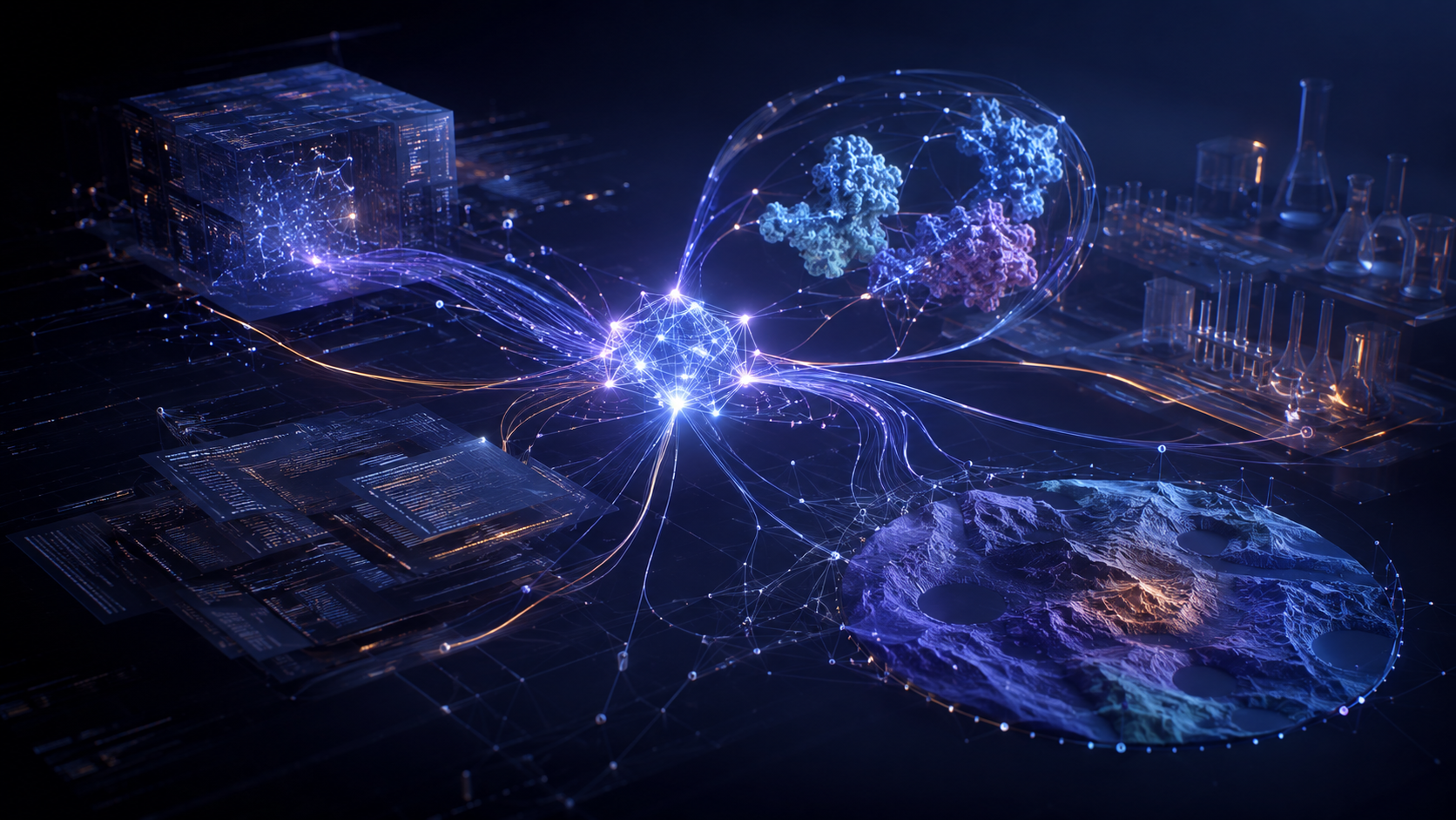 Abstract AI system coordinating code, protein research, laboratory work, and planetary mapping